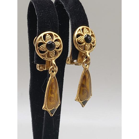 Vintage Gold-Tone Enamel Drop Earrings Art Deco Revival Black Amber look - Picture 2 of 7